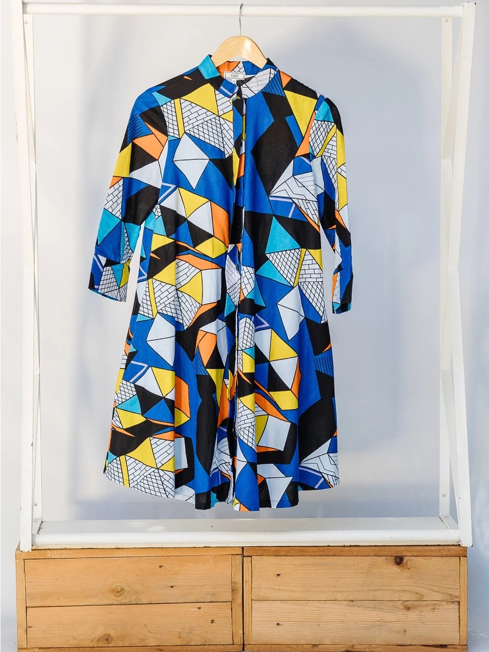 Zuri Kenya Geometric Midi Shirt Dress in Blue, Yellow & Orange